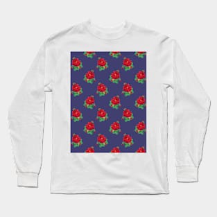 Red vintage roses on navy blue Long Sleeve T-Shirt